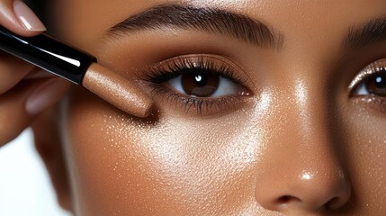 A close-up of a person applying makeup near the eye, showcasing beauty and cosmetic techniques.
