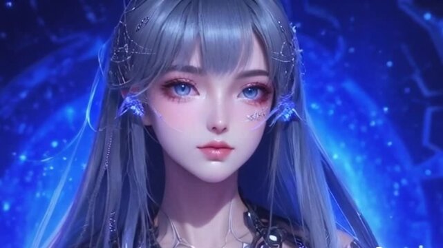 A cute Asian witch girl in a dense shiny rainbow armor with jewelry and a horned tiara, she has the pearly eyes of a witch, she holds a small charming feathered pixie dragon in her hand video