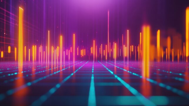 Neon teal candlestick chart for 2025 with bright orange grid lines glowing on a neon purple backdrop.