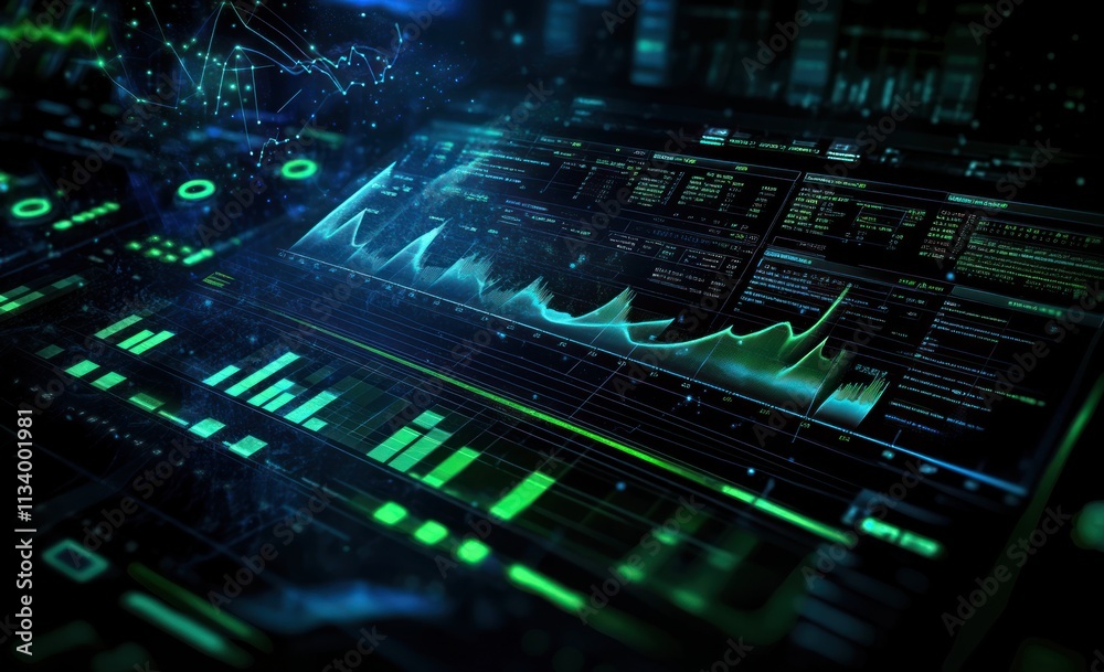 Poster Futuristic digital interface with glowing graphs and data visualizations.