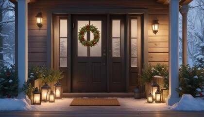 Snowy porch with frosted glass lanterns and evergreen wreath, winter decoration, snowy porch, frosted glass lanterns