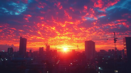 Fiery Sunset over Cityscape: A Breathtaking Urban Panorama