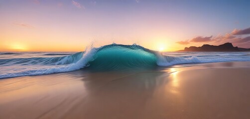 Fototapeta premium Soft abstract blue wave crashes on a serene sandy beach at sunset, scenery, horizon, ocean