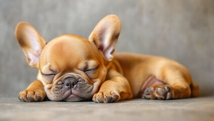 Adorable fawn French bulldog puppy sleeping peacefully on a gray background.