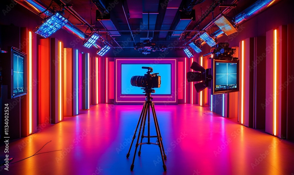Aufkleber a modern studio setup featuring vibrant lighting and a camera on a tripod.