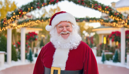 Santa claus smiling in a christmas village setting