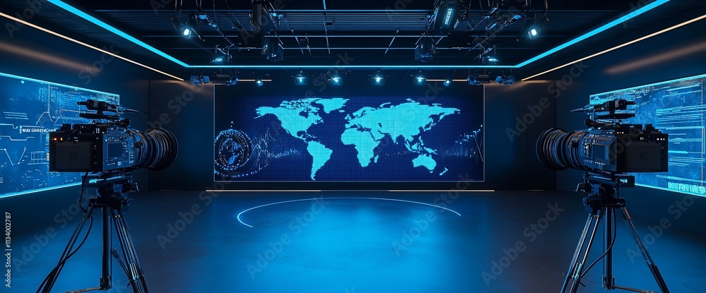 Aufkleber A modern studio setup with cameras and a world map backdrop for broadcasting.