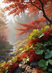 Autumnal Landscape with Red Berries and Green Leaves, serene landscape, tree branches