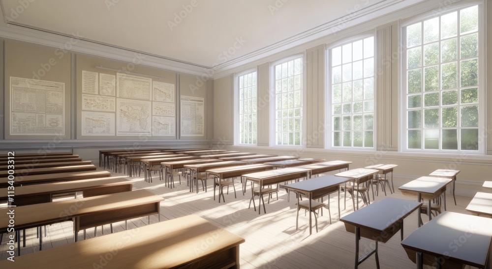 Leinwandbilder Sunlit classroom with rows of empty wooden desks and large windows.
