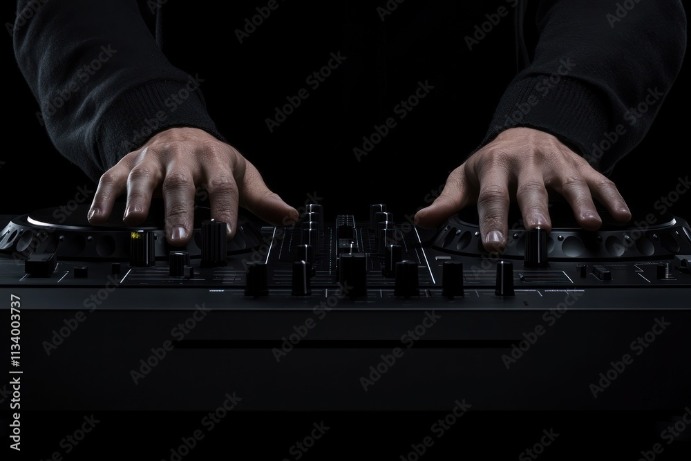 Poster close-up of dj hands mixing music on a controller.