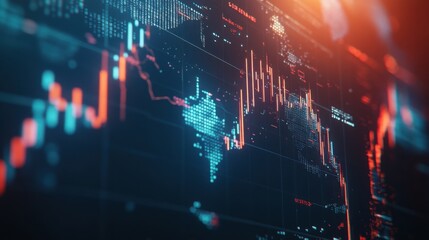 Side view of a futuristic stock market chart, overlaid with world map patterns and economic data points.