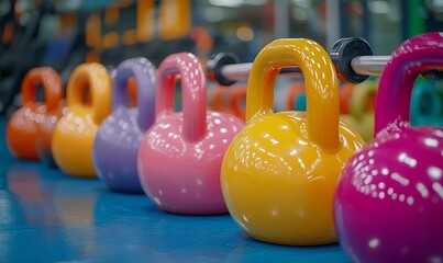 A row of colorful kettlebells in a gym setting for fitness training.