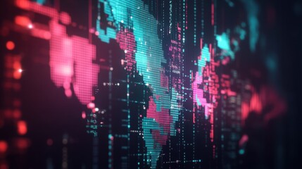 Side view of a futuristic stock market chart, overlaid with world map patterns and economic data points.