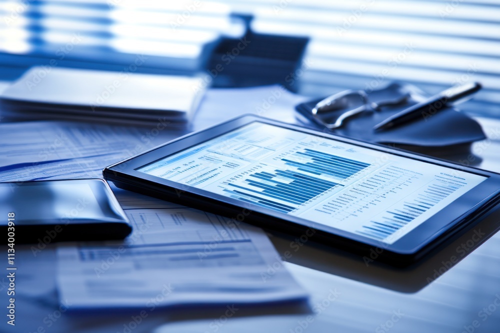 Poster Tablet displaying financial charts and graphs on a desk with paperwork.