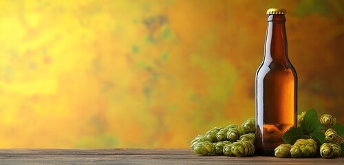 Fototapeta premium Close up of glasses of beer, wheat ears and green hops on wooden table
