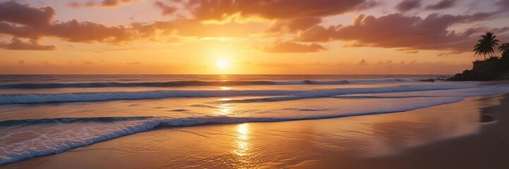 Fototapeta premium The warm golden light of a sunset over the ocean at Berawa beach Canggu Bali, color, bali, serene