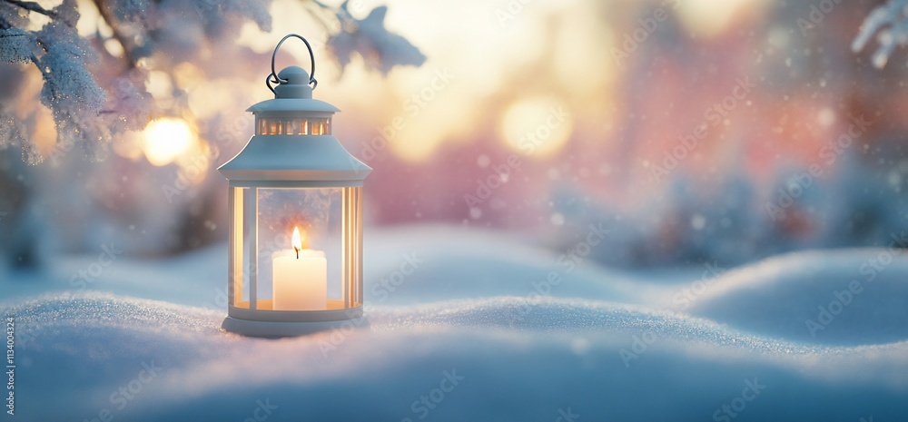 Poster a serene lantern with a candle glowing softly in snowy surroundings.