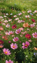 Obraz premium Cosmos flowers blooming in a lush green field on a sunny morning , flowers, bloom, nature