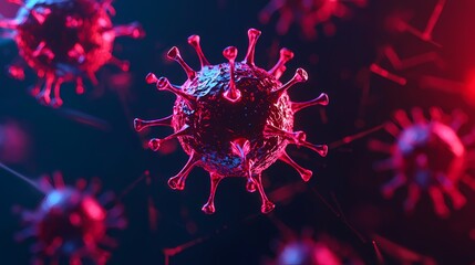 Obraz premium A close-up view of a virus depicted in vibrant colors, highlighting its structure and spikes, resembling pathogens like COVID-19.