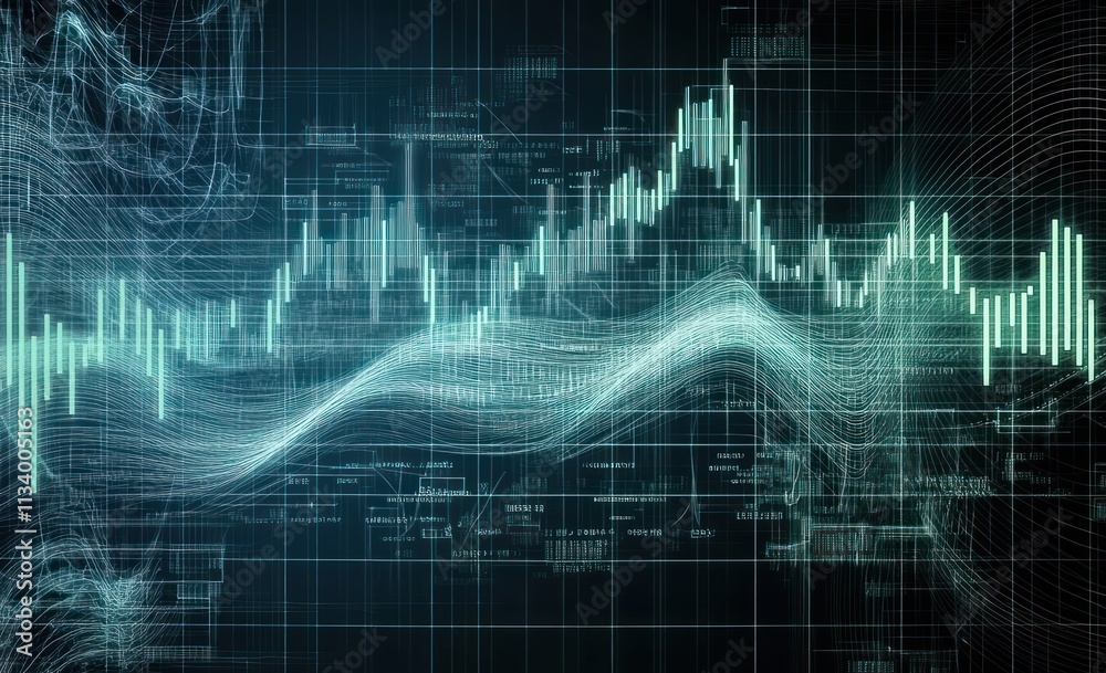 Fototapete Abstract data visualization with flowing lines and financial charts.