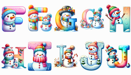 Clipart set of cute watercolor pastel Snowman letters f, g, h, I, j isolated on a white background. Holiday clipart letters background