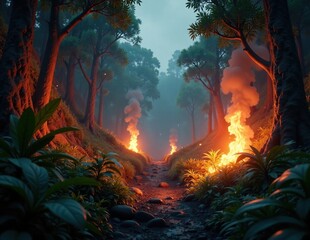 Fototapeta premium Burning jungle with fire tongues illuminating the dense foliage, primal, tropical, wild