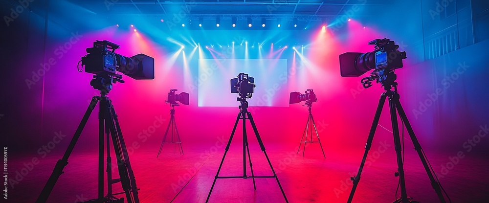 Poster a stage setup with cameras and colorful lighting for a photo shoot.