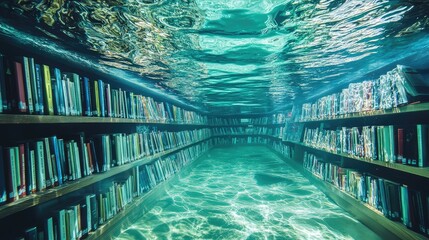 Obraz premium A submerged underwater library, with rows of bookshelves visible through transparent glass walls submerged in clear water