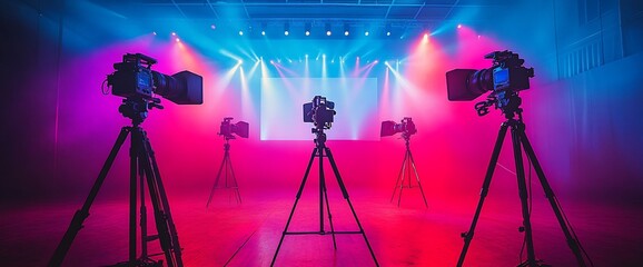 A stage setup with cameras and colorful lighting for a photo shoot.