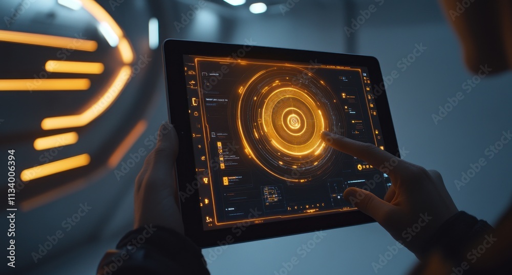 Poster Person using futuristic tablet with glowing interface.