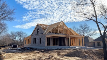 A suburban home under construction, with framing completed and roof trusses being installed under a sunny sky