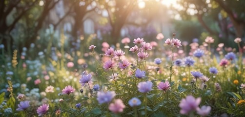 Naklejka premium Soft focus bokeh of pastel flowers in a serene garden at dawn, , pastel flowers