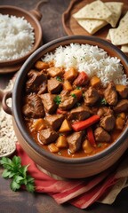 Fototapeta premium Spicy lamb curry with basmati rice in a clay pot, slow cooked meal, basmati rice, aromatic spices