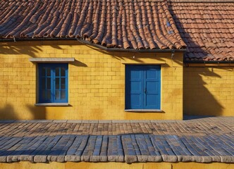 Yellow wall with a blue tile roof and shadowed area, architectural details, yellow wall, outdoor scene