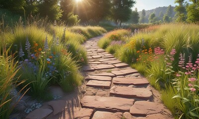 Obraz premium A picturesque brick path winds its way through a sun-drenched meadow with tall grasses and colorful wildflowers, landscape, field, meadow