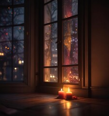 Naklejka premium The soft light of candlelight pours into a dark room through a large window with colorful light effects, nature, natural light, serene