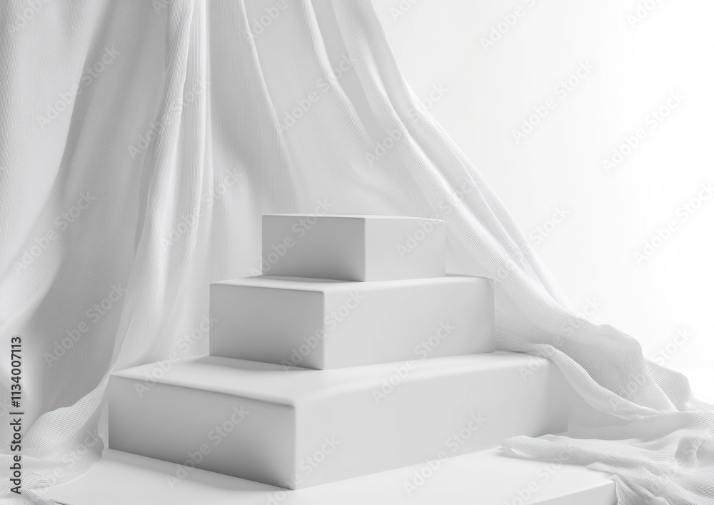 Poster minimalist white tiered display platform draped with fabric.
