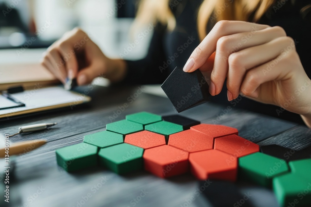 Aufkleber close-up of hands arranging colorful hexagonal puzzle pieces on a wooden table.