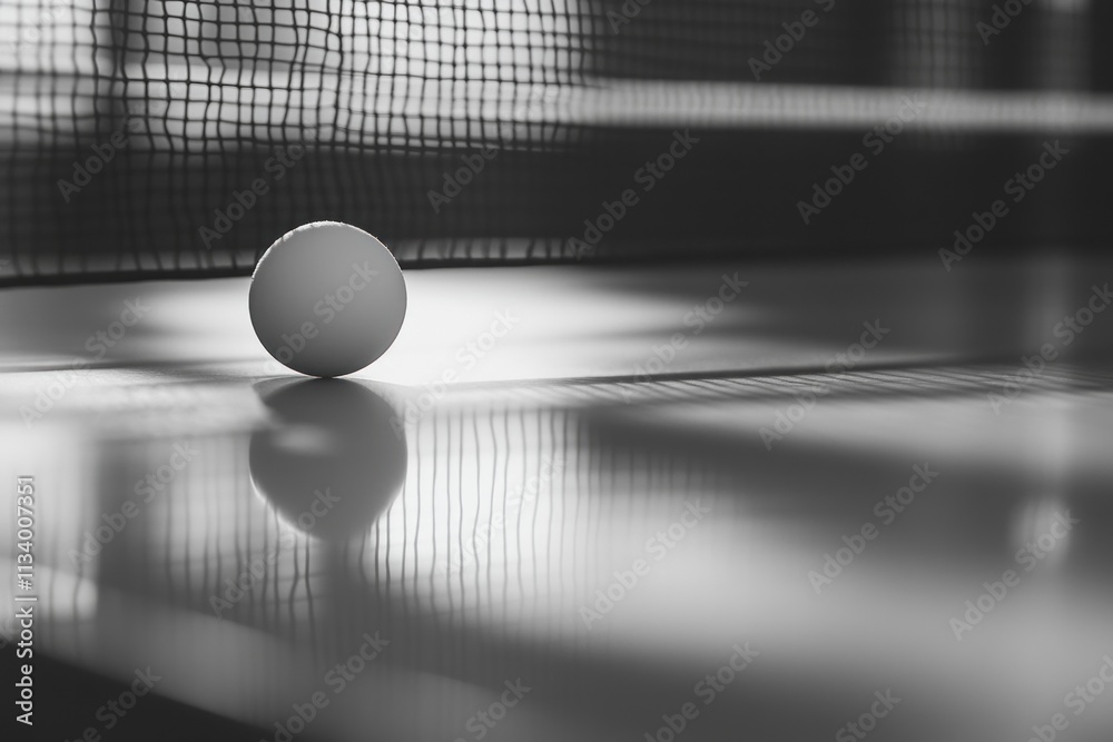 Aufkleber Close-up of a ping pong ball on a table with net in background.