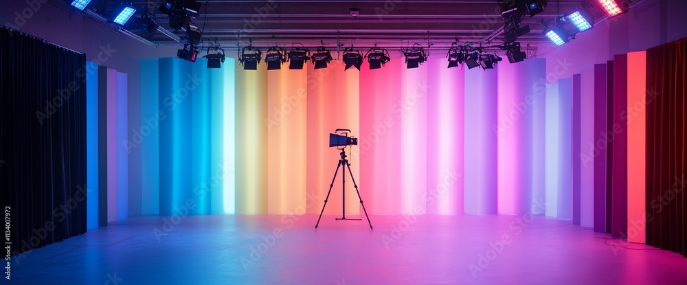 Poster A vibrant studio setup with colorful lights and a camera on a tripod.