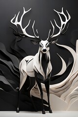 An abstract deer design inspired by a flowing river, using smooth curves and sharp details to create a sleek, minimalist appearance on a white background.