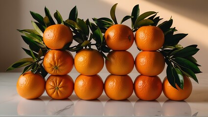 A delicate arrangement of five to seven freshly plucked tangerines, each with several sprigs of vibrant green leaves still attached, neatly stacked on a pristine white marble countertop, illuminated 