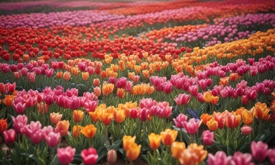 A kaleidoscope of tulip hues - from soft pastels to bold brights - create a breathtaking visual effect in this stunning landscape, floral, vibrant colors, garden