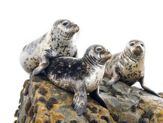 Three Harbor Seals on a Rocky Outcropping