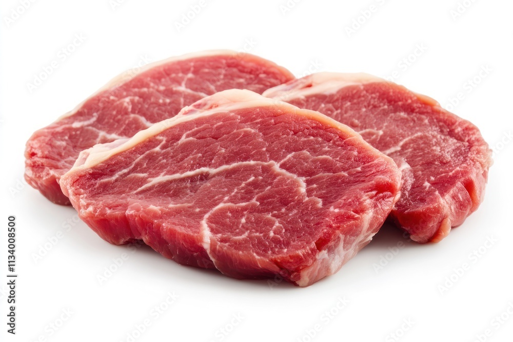 Poster Three raw beef steaks isolated on white background.