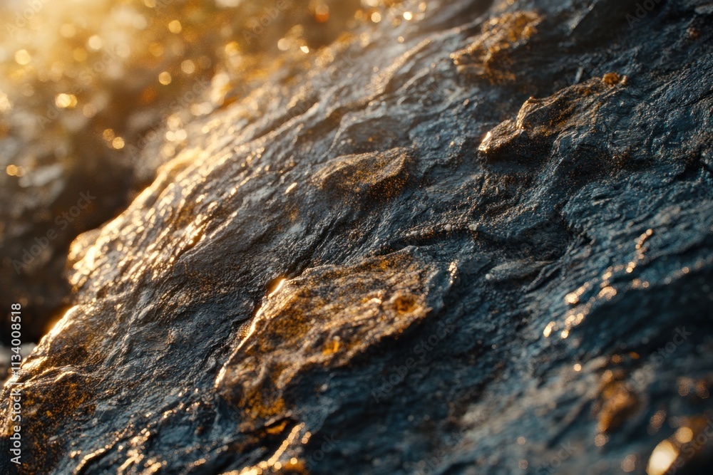 Poster close-up of wet dark rock surface texture with golden sunlight highlights.