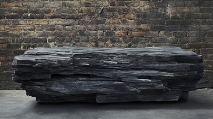 Large Black Rock Formation Against Brick Wall