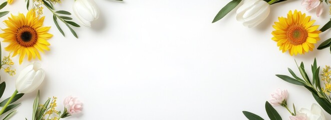 White background with yellow sunflowers, white tulips, and pink carnations forming a border.