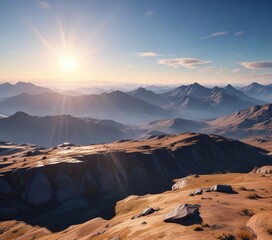 Naklejka premium Mountain ranges stretch across the horizon under a partly cloudy blue sky with the sun shining through the gaps and casting long shadows, vast, serene