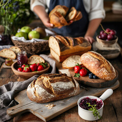 Artisan bread is beautifully arranged alongside homemade jam and organic fruits in a rustic kitchen setting. Soft natural lighting enhances the inviting atmosphere filled with country charm